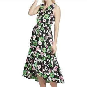 ⚫️ Who What Wear Floral Wrap Midi Dress Sleeveless V Neck Ruffle Hem Size Medium